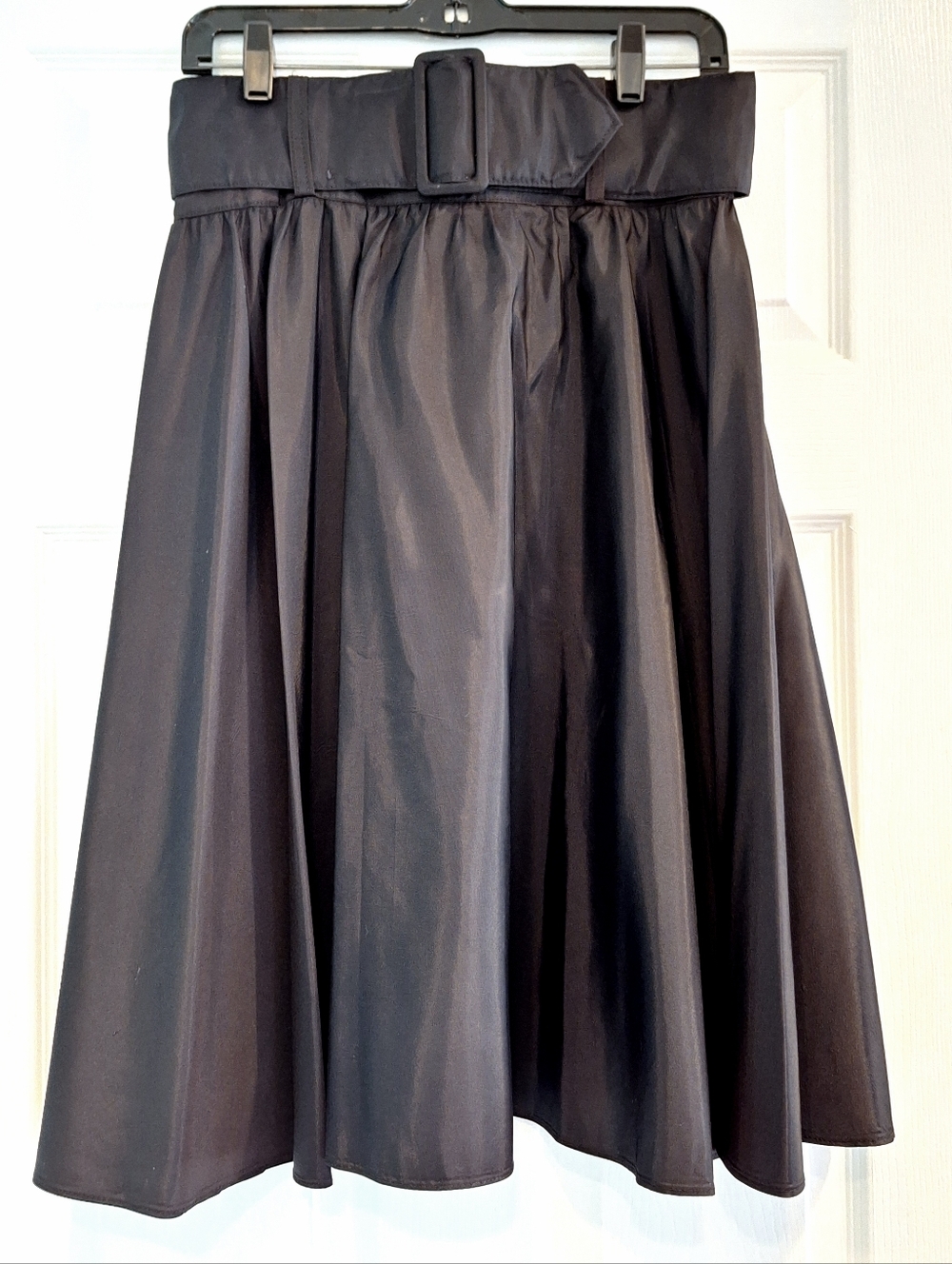 Vintage 80s Retro Black Flared Acetate Skirt With Belt, 60s Style, Size 13/14